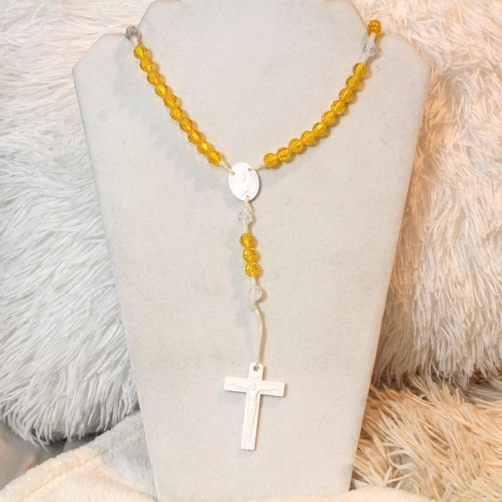 Light Canary Yellow Crystal Long Catholic Praying Rosary Beads Holy Rel